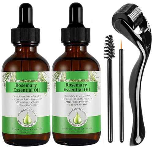 2Pack Huile Essentielle de Romarin + Derma roller 0.5mm pour la croissance des cheveux, des sourcils et des cils, soins de la peau, huile pour le traitement de la chute des cheveux