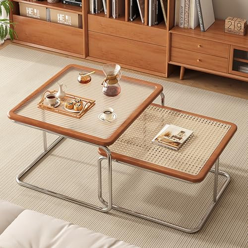 POWRZZZY Satztisch-Set mit 2 Couchtischen Quadratische Einfache Mitteltische für das Wohnzimmer Couchtische aus Glas Home-Office-Schlafzimmer(Cherry)
