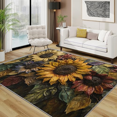Sonnenblume Teppich Wohnzimmer 160x230 cm, Bunt Blumen Botanisch Teppiche, Mehrfarbig Rustikal Künstlerisch Waschbar Kurzflor Groß Teppiche Für Schlafzimmer Kinderzimmer, Gelb Orange Violett