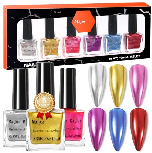 Nail Polish Sets - 6 Colours Metallic Nail Varnish Set - Quick Dry Nail Polish - Long Lasting High Gloss Silver Gold Red Nail Colour, Chip Resistant Shiny Finish,Manicure Art Women Gift Sets