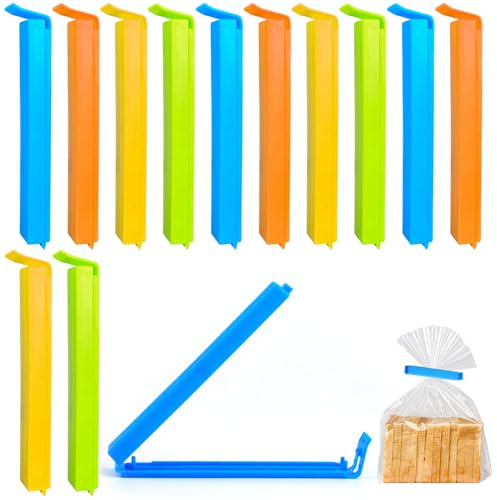 Qcdou Food Bag Clips, 12 Pcs Food Sealing Clips, Reusable Freezer Bag Pegs, 4 Colours Plastic Pegs, for Sealing Snacks and Sandwiches