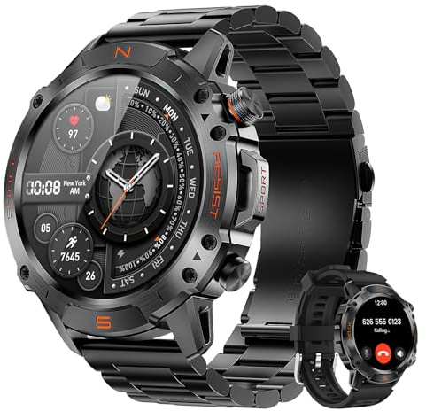 WalkerFit Outdoor Smartwatch Herren, 1,43 AMOLED Militär Fitnessuhr 5ATM | 5ATM wasserdicht, Bluetooth-Anrufe, 178+ Sportmodi, Herzfrequenz, Schlafanalyse, lange Akkulaufzeit, Android & iOS