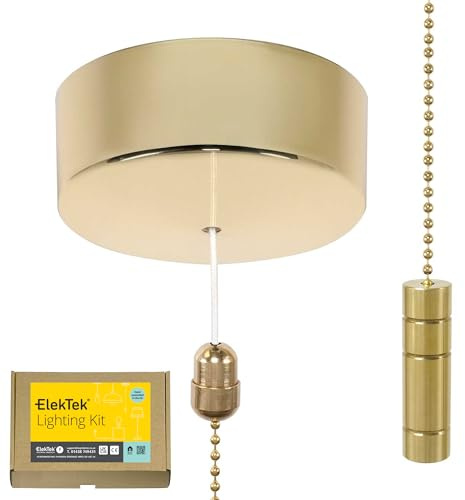 ElekTek UK Safety Approved Polished Brass Bathroom Light Pull Switch Kit, Brass Cylinder Fob + Brass Chain, EN 60669-1 & CE Mark, Earth Terminal, 6A 250V, 1 or 2 Way, Full Wiring Instructions