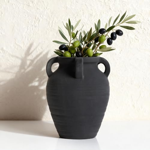 Handmade Flower Vase, 8.2 Rustic Terracotta Vase with 4 Handles, Vintage Ceramic Flower Vase, Matte Black Ear Pot for Entryway, Table, Shelf, Living Room, Fireplace, Home Decor (Clear Black)