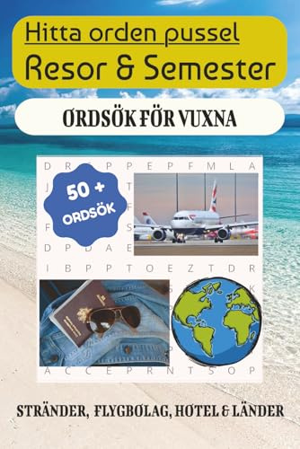 Hitta orden pussel Resor & Semester: Ordsök för vuxna - Stränder, Flygbolag, Hotell & Länder