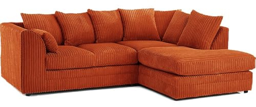 Modular L Shaped Corner Sofa | Jumbo Cord Cloud Sofa | Right or Left Hand Facing 3–4 Seater | Boneless Comfy Fabric Settee | UK Lounge Couch (Orange, Right Hand)