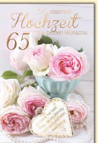 Karte zum 65. Hochzeitstag für Senioren - Eiserne - Rosenbouquet mit Herzanhänger und Perlenkette - Klappkarte mit Umschlag für Paare