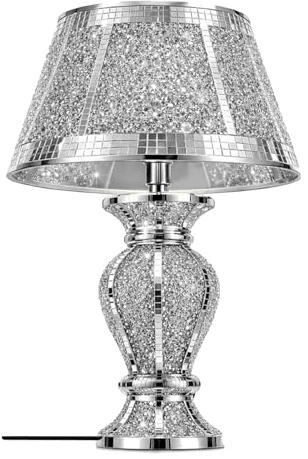 BML Silver Crushed Crystal Table Lamp Bedside Lamp with Sparkle Shade, Glam Chrome Mosaic Side Lamp for Bedroom Living Room Nightstand, Modern Luxury Lamp with UK Plug Cable