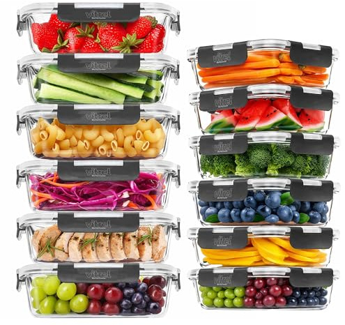 Vitrel 12 Pack Glass Containers with Lids, Durable Glass Tupperware - Airtight Glass Meal Prep Containers, BPA-Free Glass Storage Containers With Lids For Microwave, Oven, Freezer and Dishwasher