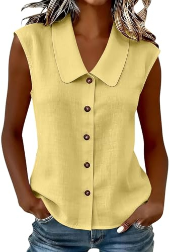 Blouses for Women UK,Ladies Sleeveless Button-Down Shirt Casual Loost Fit Peter Pan Collar Blouses Shirts for Women Fashion Solid Color Women's Summer Tops for Beach Work Daily Wear