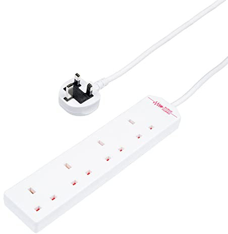 Invero® 4 Way Gang Power Mains Extension Lead 8M Metre Cable British Approved 13A Amps Surge Protected - White