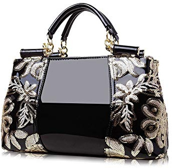 Borsa da donna, Borsa maniglia superiore, Pelle verniciata Ricamo Moda Borsellino per la festa serale delle signore, Nozze, Occasioni speciali, Nero