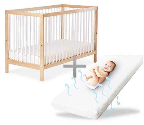 Ehrenkind® Babybett PUR inkl. Matratze 120x60 Buchenholz | Natur-Weiß | Kinderbett 9-Fach höhenverstellbar mit entnehmbaren Stangen | Baby Bett