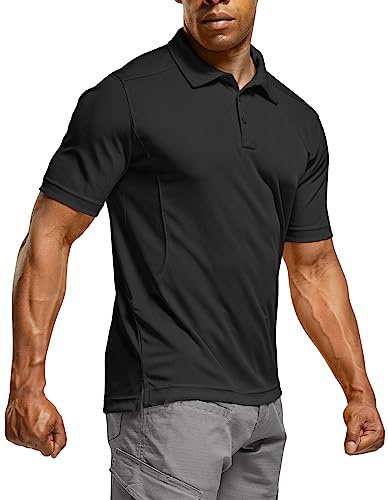 CQR Men's Quick Dry Tactical Polo Shirt, Lightweight Breathable Performance Polo, Short Sleeve UPF 50+ Outdoor Golf Shirt, Frost Essential Black, Large