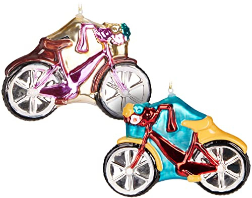 BRUBAKER 2 TLG. Weihnachtskugel Set - Fahrräder mit Glitzer | Damenrad Rot und Pink - Mundgeblasene Christbaumkugeln Christbaumschmuck aus Glas Lustig - Deko Baumanhänger - 2 Stück