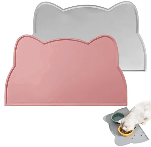 RYAN 2 Stücke Napfunterlage Katzen Katzennapf Unterlage Futtermatte Katzen 48 * 25.5 cm Katzenfutter Unterlage Silikon Katzenform Haustierfutter Fressnapf Matte (Rosa, Grau)