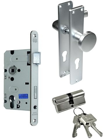 BKS Zimmertür/Wohnungstür/Badezimmer Komplett Set, inclusive Aluminium Schild Beschlag (PZ Profilzylinder/Knauf, DIN RECHTS, Langschild 215mm x 40mm)
