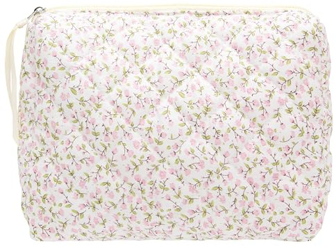 Quilted Makeup Pouch for Women, Travel Cosmetic&Toiletry Bag,Floral Pink