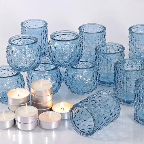 DARJEN 12 blaue Votivkerzenhalter mit 12 Teelichtern, Glas-Kerzenhalter für Vintage-Dekoration, Teelichter, Kerzenhalter für Hochzeit, Party, Tischdekoration und Geschenk