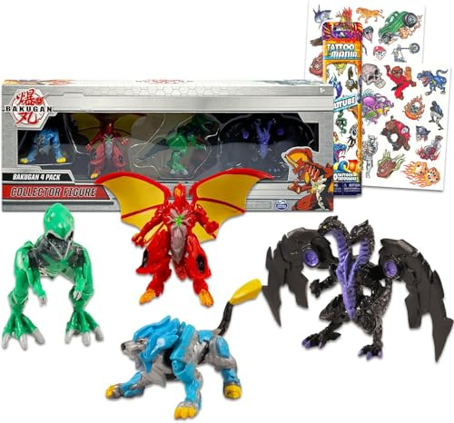 Baku-gan Action Figures 4 Pack - Bundle with 4 Collector Figurines Plus Temporary Tattoos for Boys | Baku-gan Party Supplies