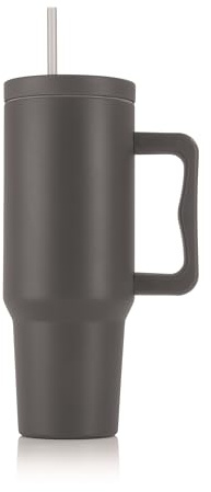 GOURMETmaxx Termosbägare med sugrör och handtag | 1,2 l kaffemugg To Go | Isoleringskopp med 2-i-1 lock | läckagesäker kopp, grå