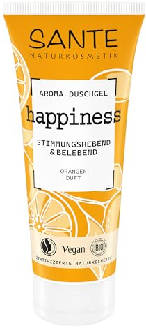 SANTE Naturkosmetik happiness arom duschgel orange – 200 ml – fruktig och fräsch duschgel med naturliga dofter – vegansk och dermatologiskt testad – uppfriskande vårdande dusch