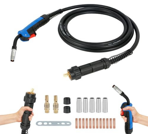 15AK MIG Schweißbrenner mit 5 m Kabel & 22-teiligem Schlauchpaket Schutzgas, Euro-Stecker, Flexibler Hals, kompatibel mit NBC250/280 und anderen CO₂ MIG/MAG Schweißgeräten