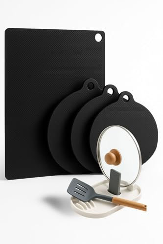 Protezione piano a Induzione – Set 6 Pezzi, Protezione in Fibra di Vetro con Rivestimento in Silicone Antiscivolo 260°C, Tappetini Lavabili con Poggiamestolo