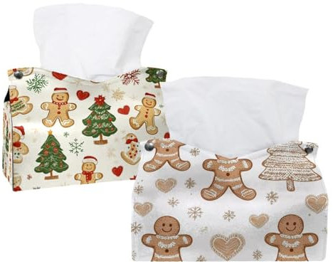 Lot de 2 boîtes à mouchoirs en forme de bonhomme en pain d'épices pour sapin de Noël – Organiseur décoratif en cuir pour table, salle de bain, voiture, bureau