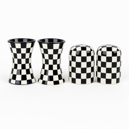 BAGANO Set Eierbecher + Salz- & Pfefferstreuer – Keramik im Schwarz/Weiß Karo Muster | Küchenhelfer & Tisch-Accessoire für Haushalt, Küche & Geschenkidee