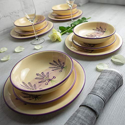 Juego de vajilla de cerámica hecha a mano de 12 piezas de lavanda floral púrpura y crema | Servicio de vajilla de cerámica para 4 | Platos llanos | Platos laterales | Cuencos | Regalo de inauguración