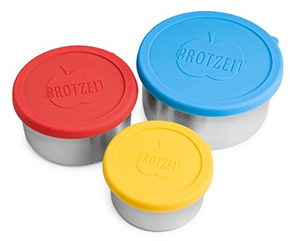 Brotzeit Dreierlei Lunchbox 3er Set aus Edelstahl mit Silikondeckel, Rot/Blau/Gelb, 13 x 13 x 6 cm