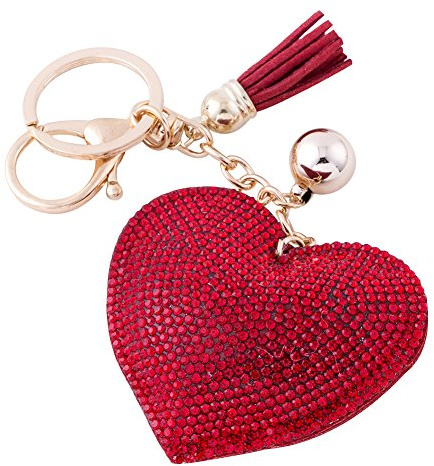 Soleebee Leder Liebes-Herz Keychain Bling Kristallstrass Taschen Koffer Rucksäcke Zubehör Charm Auto Schlüsselanhänger Schlüsselring mit Quasten (Rot)