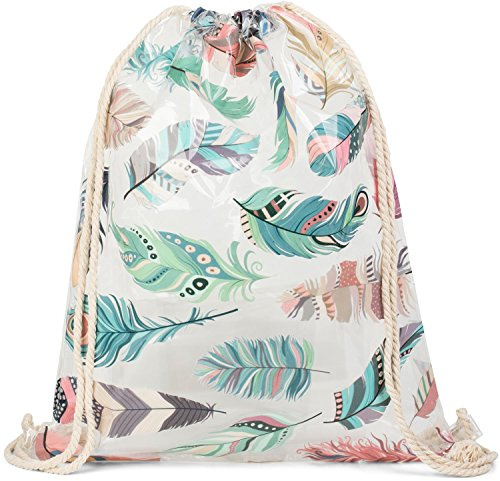 styleBREAKER Damen Turnbeutel Transparent Boho Feder Print, Mehrfarbig | Wasserfestes Hauptfach (30 Liter Volumen, 33x45 cm Maß), als Gym-Bag oder Rucksack nutzbar, Träger beidseitig je 46 cm lang.