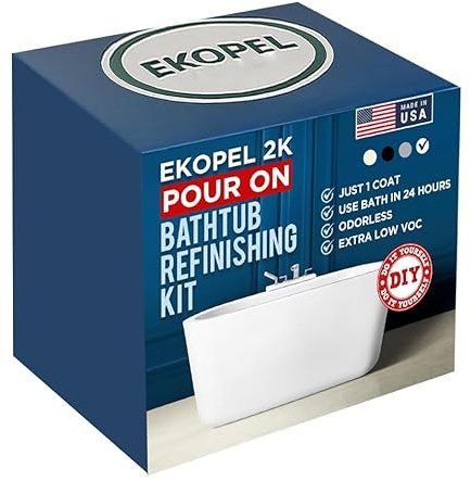 Ekopel 2K Bathtub Refinishing Kit - Pour On Bathtub Paint White Gloss Finish Kit, 1 Coat Odorless Sink and Bath Tub Paint – Long Lasting Never Peel DIY Glaze for Tub, Made in USA – Bright Gloss White