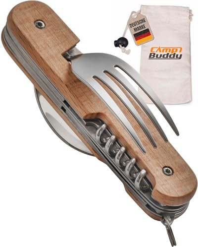 Camp Buddy Klappbares Campingbesteck mit Holzgriff - 6-in-1 Outdoor Besteck als Taschenmesser - Messer, Gabel, Löffel, Öffner - Ideal für Wandern, Camping, Festival, 1 Stück