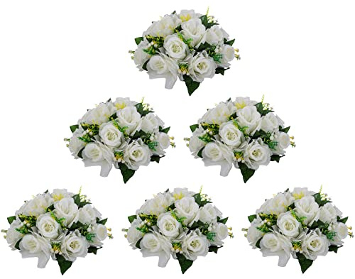 LoveCat Artificial Flower Centerpieces for Tables: 6pcs of Rose Flower Balls, Flower Kissing Balls, Fake 15-Head Plastic Flower Roses with Base for Birthday Party Christmas Home Wedding Decor (White)