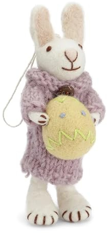 Én Gry & Sif handgefilzter Osterhase mit Ornament - Häschen - Anhänger aus Filz - Ostern-Deko - fair Trade Handmade (Weiße Hase mit gelbem Ei)