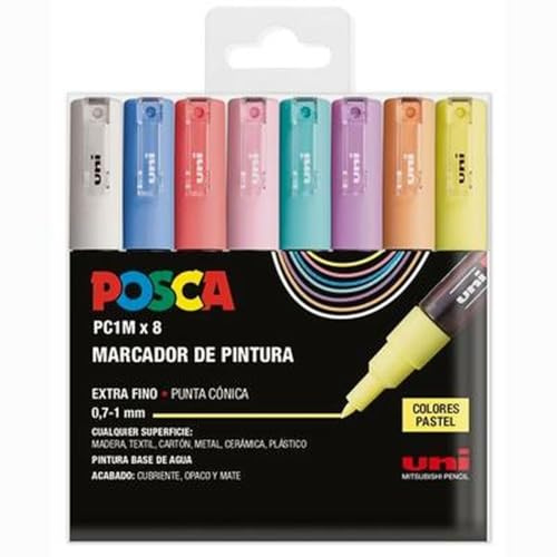 UNI Posca Estuche de 8 Rotuladores PC1M de Color Pastel de Punta Cónica Extra Fino