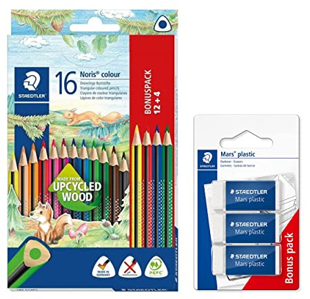 STAEDTLER Buntstifte Noris Colour 16 Stück, erhöhte Bruchfestigkeit, Dreikantform, ergonomische Soft-Oberfläche und 3 Radierer Mars plastic