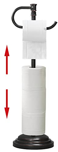 RUMOSE Toalettpappershållarstativ för golv, oljegnuggad brons justerbar (31,5 cm till 57,8 cm) toalettpappershållare, fristående toalettpappershållare med förvaring, rostfritt stål