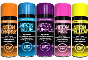 Classic Signature 5 x Fluorescent Bright Neon Spray Paint Multipurpose Aerosol DIY Graffiti (Banksey) N0 CFCs Extra Bright Assorted Colours Paint Blue Orange Pink Yellow Purple 200ml - D5