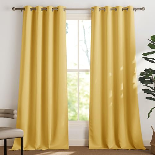 PONY DANCE Wohnzimmer Gardinen mit Ösen Blickdicht (50%) 2er Set H 245 x B 140 cm Wärmeisolierende Vorhänge Senfgelb Verdunkelungsgardine Thermovorhang gegen Hitze