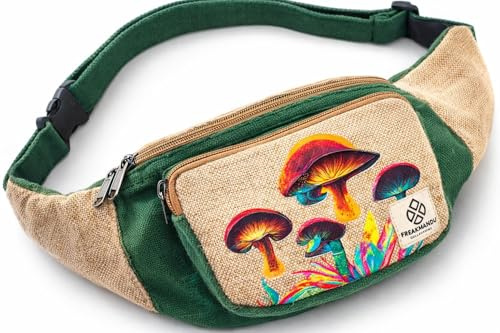 Freakmandu Sac Banane Unisexe en Chanvre – Fanny Packs, Sac Banane pour bandoulière, Sacs de Hanche Faits à la Main pour la randonnée, la Course, Le Jogging, Hommes et Femmes, Mushroom
