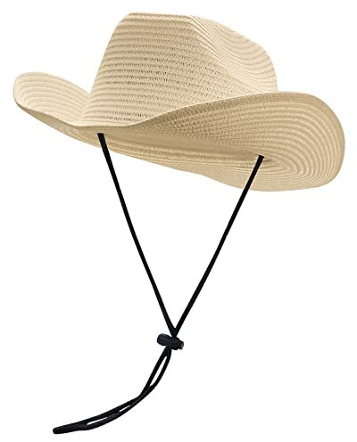 CLAPE Outdoor Cowboy Strohhut Sommer Fedora Trilby Hut Bogarthut Stroh Fischerhut mit Kinnriemen UV Schutz Outdoor Hut