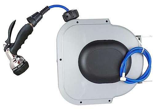 Ausziehbare Schlauchtrommel - 30 Fuß - Wandmontage mit 180° drehbarer Halterung - Automatisches Aufwickeln und Verriegeln - Wasserschlauchdüse inklusive - Ideal für einfache Bewässerung