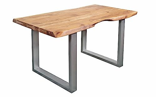 SAM Esstisch 160 x 85 cm Cali, Baumkantentisch naturfarben, Akazienholz massiv, U-Gestell aus Metall Silber, aufgedoppelte Kanten 25+25 mm