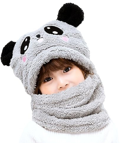 MK MATT KEELY Kinder Winter Mütze Junge Mädchen 2 in 1 Warme Cartoon Panda Schal Ohrenklappe Ski Mütze Set,Grau,1-4 Jahre