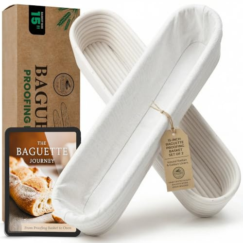 15 Inch Baguette Proofing Basket Set of 2 with Cotton Liners & Baguette Recipe eBook- Handcrafted Natural Rattan Banneton Bread Proofing Baskets for Sourdough- French Bread & Dough Rising