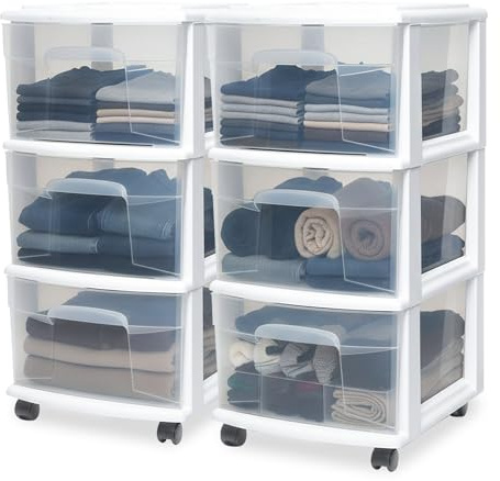 HOMZ 2-Pack Drawer Tower, 3-Tier Clear Plastic Storage Organizer Cart, White Frame - Organizing Containers with Wheels for Home, Bathroom, Bedroom, Office, and Classroom
